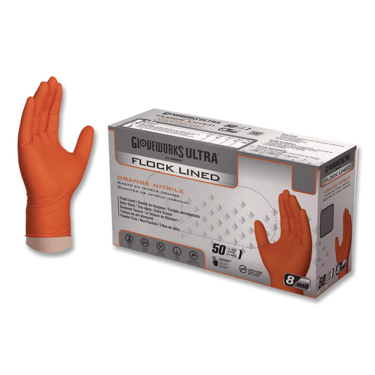 Gloveworks Ultra Flock Lined Orange Nitrile Gloves 8 mil